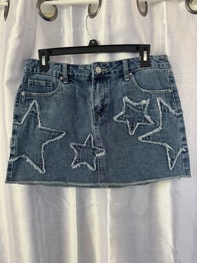 Ashley Mason Denim Mini Skirt with Frayed Star Appliqués Y2K